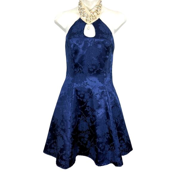 Maurices Vintage Navy Satin Floral Beaded Choker Halter 90s Y2K Prom Dress sz XS - Picture 1 of 15